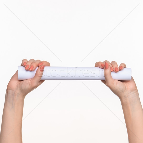 The cylinder female hands on white background Stock photo © master1305