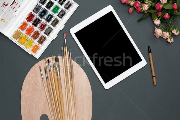 Workspace художник ноутбука кисти цветы черный Сток-фото © master1305