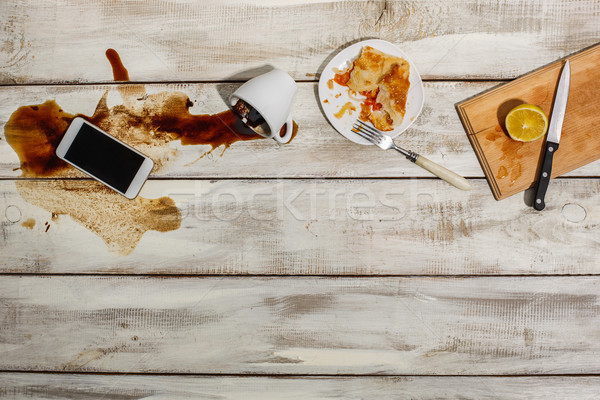 Cup of coffee spilled on wooden table Stock photo © master1305