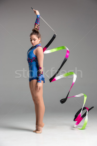 Nastolatek gimnastyka dance wstążka kolorowy szary Zdjęcia stock © master1305