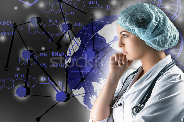 Collage on scientific topics. Young female doctor standing against gray background Stock photo © master1305