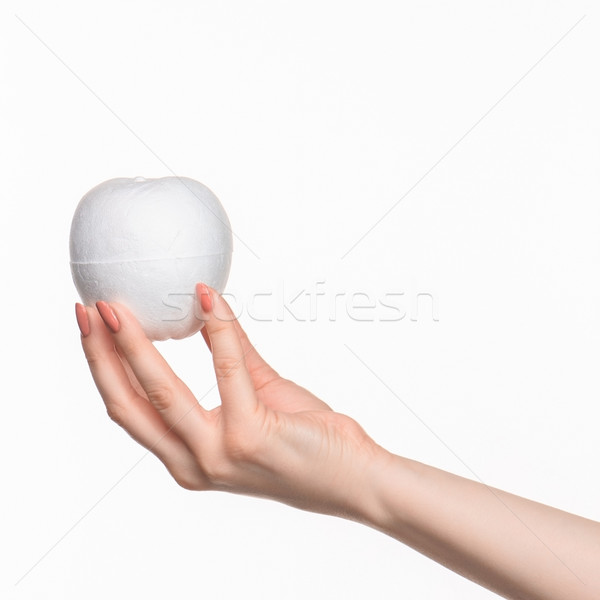 Stock photo: The female hand holding white blank styrofoam oval 