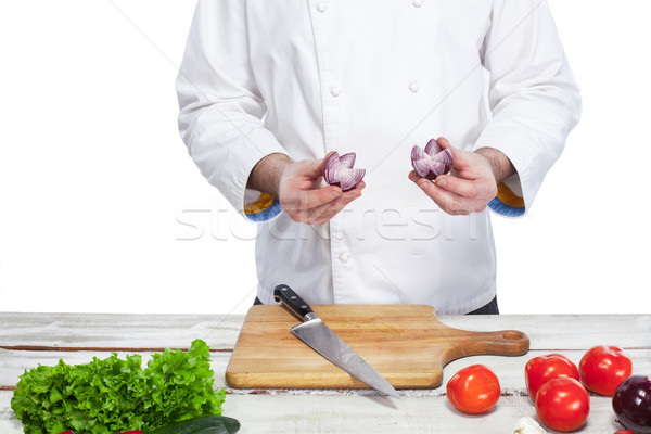 Chef cooking fresh vegetable salad in his kitchen Stock photo © master1305