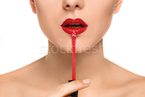 美麗 女 嘴唇 化妝刷 紅色 白 商業照片 © master1305