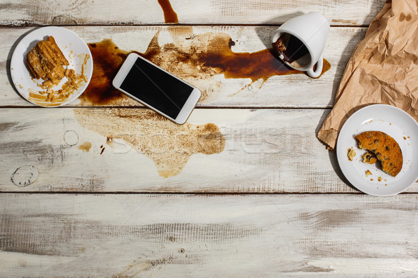 Cup of coffee spilled on wooden table Stock photo © master1305