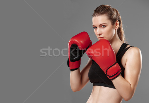 Stockfoto: Mooie · vrouw · boksen · grijs · Rood · handschoenen · vrouw