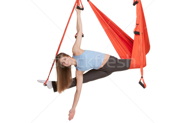 年輕女子 瑜伽 吊床 無縫 白 商業照片 © master1305