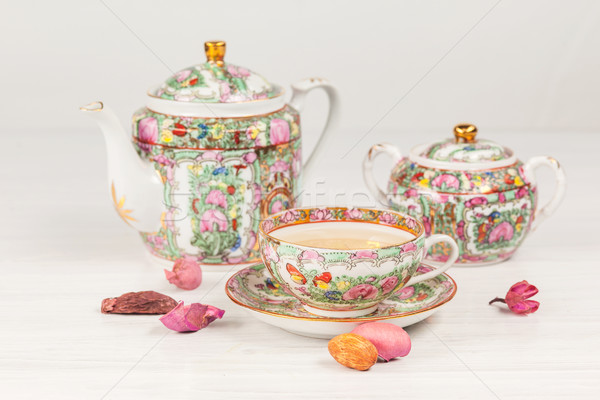 Tea porcelán szett asztal fehér fa asztal Stock fotó © master1305