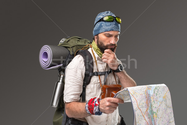 Foto stock: Retrato · masculina · turísticos · mochila · cámara · gris