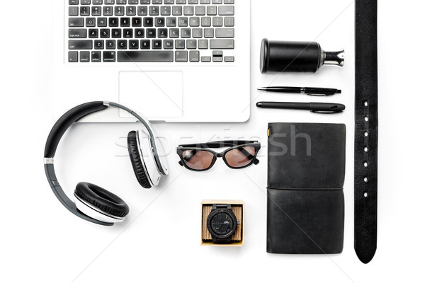 Stock photo: Still life of casual man. Modern male accessories and laptop on white