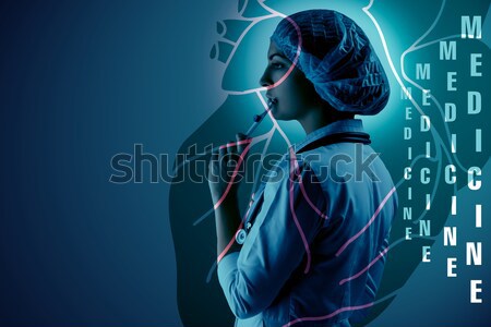 Foto stock: Colagem · científico · jovem · feminino · médico · em · pé