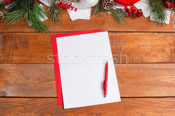 Zdjęcia stock: Arkusza · papieru · drewniany · stół · pióro · christmas · dekoracje