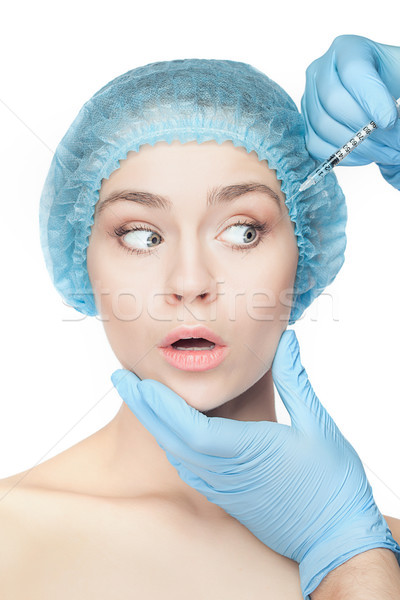 Foto stock: Mujer · atractiva · cirugía · plástica · jeringa · cara · atractivo · sorprendido