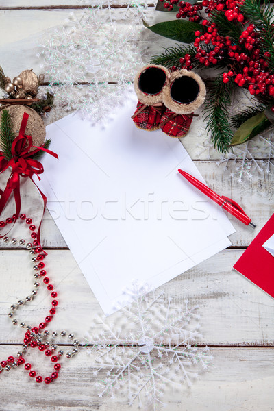 Stockfoto: Vel · papier · houten · tafel · pen · christmas · decoraties