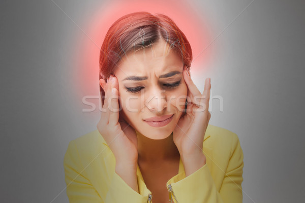 Fiatal portré fájdalom érzelmek szürke fejfájás Stock fotó © master1305