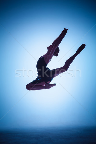 The silhouette of young ballet dancer jumping on a blue background. Stock photo © master1305