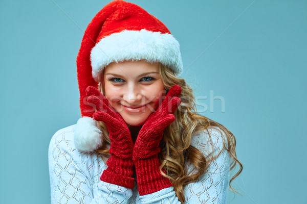 Foto stock: Niña · feliz · sombrero · vacaciones · azul · sonriendo