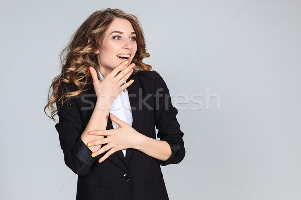 Foto stock: Jóvenes · retrato · feliz · emociones · gris · negocios