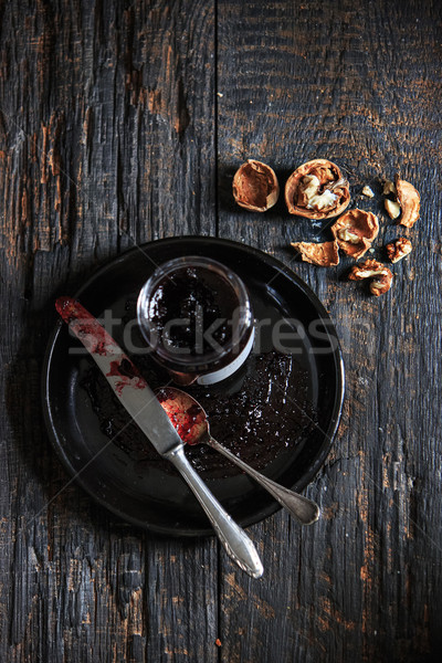 Top Ansicht fruchtig Marmelade schwarz Holztisch Stock foto © master1305