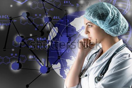 Foto stock: Colagem · científico · jovem · feminino · médico · em · pé