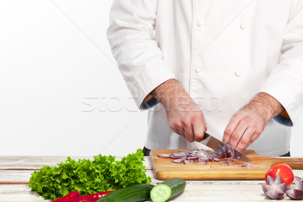 Szakács vág hagyma konyha kezek fehér Stock fotó © master1305
