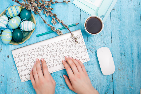 Stock photo: The top view of easter on wooden table office workplace