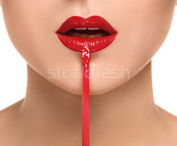 Frumos femeie buzele roşu alb Imagine de stoc © master1305