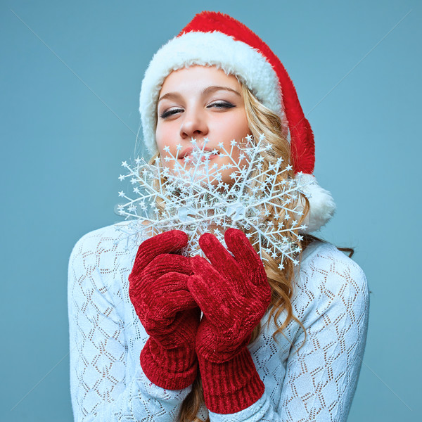 Stockfoto: Mooie · jonge · vrouw · kerstman · kleding · sneeuwvlokken · Blauw