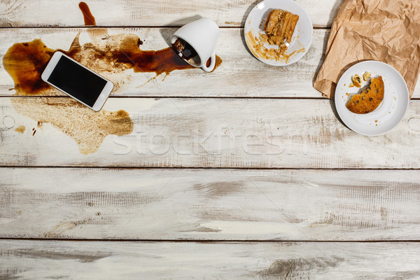 Cup of coffee spilled on wooden table Stock photo © master1305