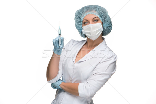 Portret doamnă chirurg seringă alb Imagine de stoc © master1305