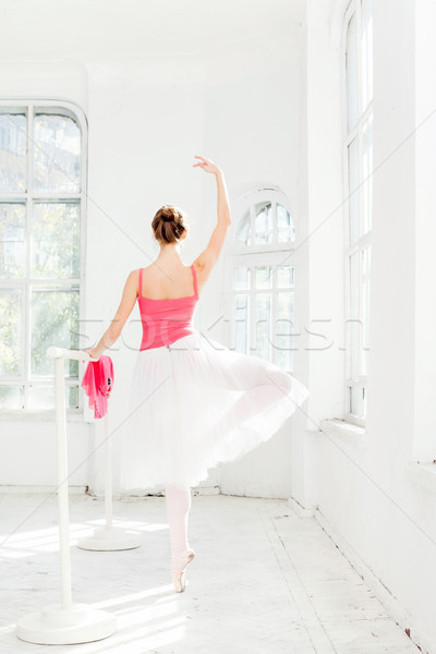 Stock fotó: Ballerina · pózol · cipők · fehér · fából · készült · vörös · ruha