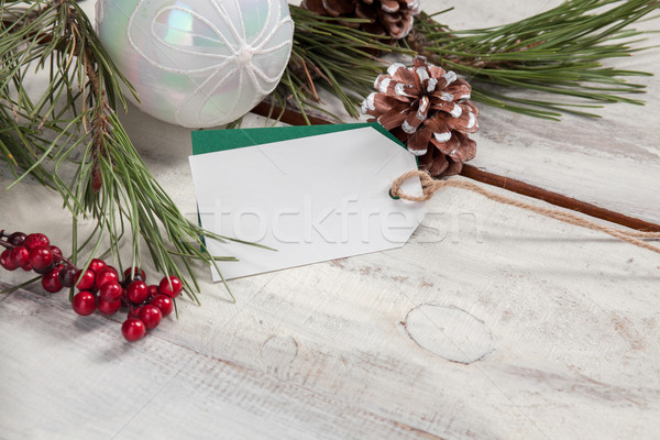 Foto stock: Mesa · de · madera · vacío · precio · etiqueta · Navidad · decoraciones