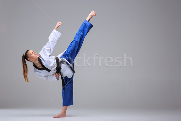Karate lány fekete öv fehér kimonó Stock fotó © master1305