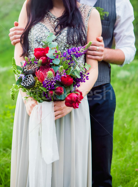 Termény kép romantikus pár virágok zöld fű Stock fotó © master1305