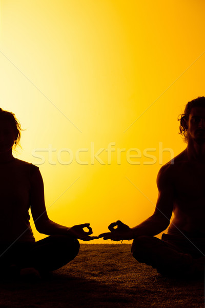 Stockfoto: Twee · mensen · oefenen · yoga · zonsondergang · licht · twee