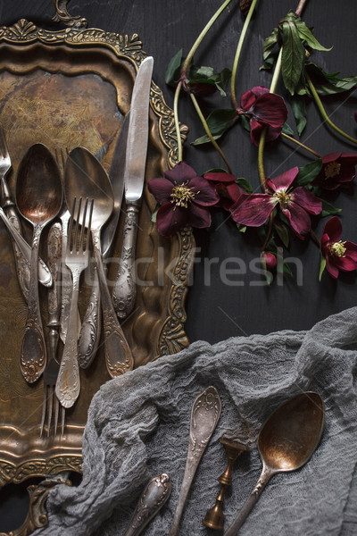 Old vintage ornamented cutlery and antique nickel copper tray  Stock photo © master1305