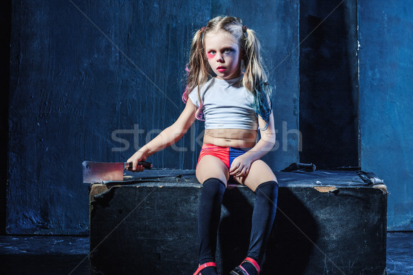 Bloody Halloween theme: The funny crasy girl with knife Stock photo © master1305