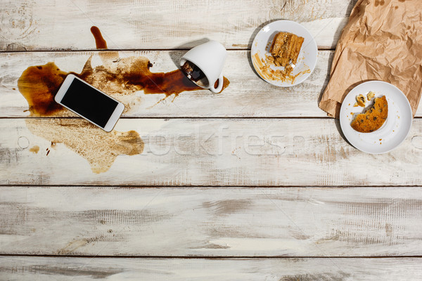 Cup of coffee spilled on wooden table Stock photo © master1305