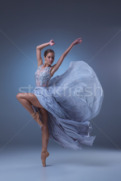 Foto stock: Belo · bailarina · dança · azul · longo · vestir