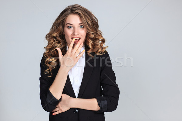 Stockfoto: Portret · jonge · vrouw · geschokt · grijs · business