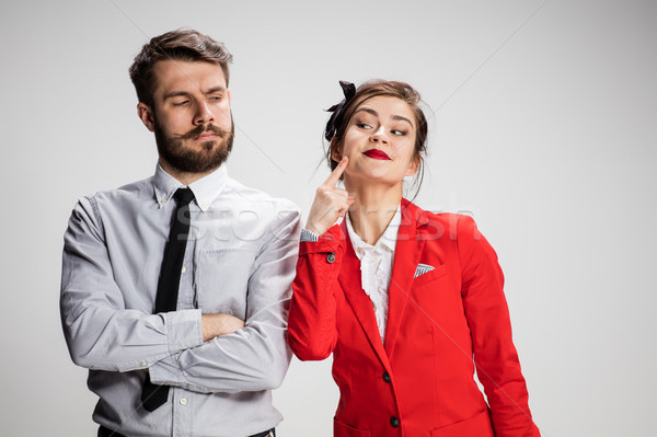 Foto stock: Homem · de · negócios · mulher · cinza · engraçado · relações · comerciais