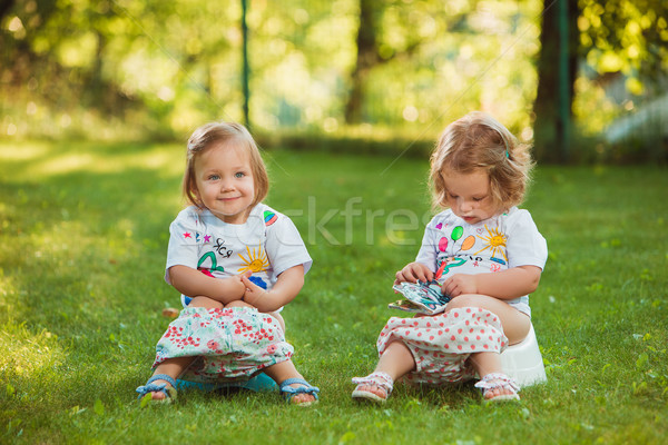 Kettő kicsi lánycsecsemők ül öreg zöld fű Stock fotó © master1305
