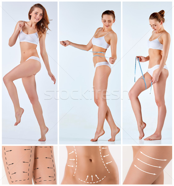 Collage vrouwelijke lichaam tekening pijlen vet Stockfoto © master1305