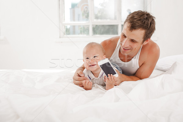 Foto stock: Jóvenes · padre · nueve · meses · edad · hijo