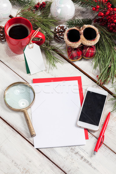 Lap papír fa asztal toll telefon karácsony Stock fotó © master1305