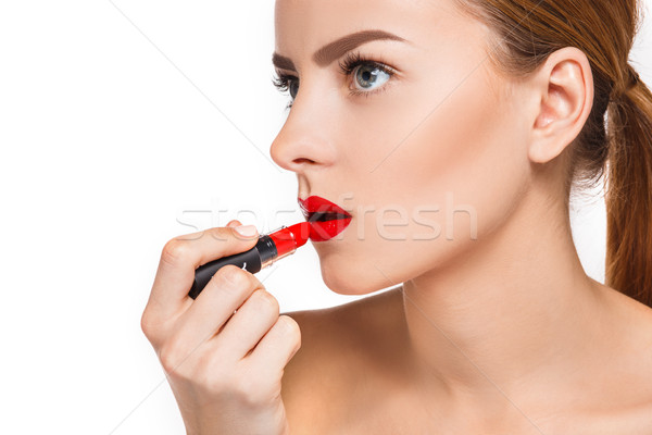 Frumos femeie buzele machiaj roşu alb Imagine de stoc © master1305