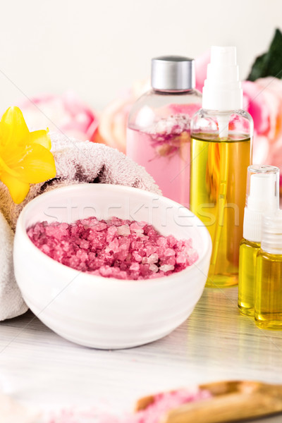 Spa setting with pink roses and aroma oil, vintage style  Stock photo © master1305