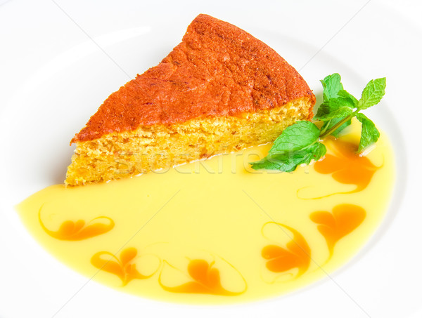 Stockfoto: Stuk · cake · Geel · saus · mint · bladeren