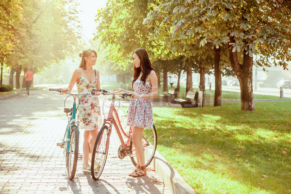 Imagine de stoc: Doua · tineri · fete · biciclete · parc · vară