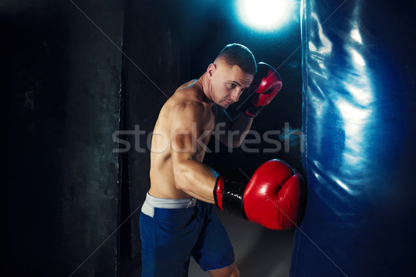 Male boxer boxing in punching bag with dramatic edgy lighting in a dark studio Stock photo © master1305